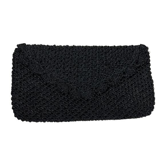 Vintage Black Crochet Clutch Purse, Scalloped Envelope, Made in Japan, Lined - Picture 2 of 6